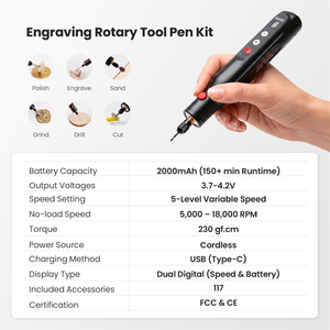 Cloudray Cordless Rotary Tool Specification: 2000mAh Battery and 18000 RPM Variable Speed