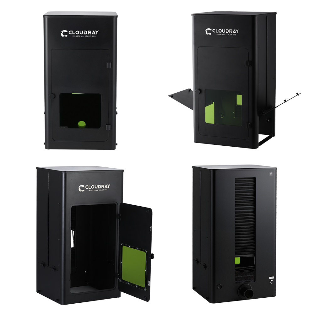 Cloudray Laser Safety Cabinet Multi-Angle Views: Front, Open Door, and Rear Exhaust Port