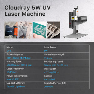 5W UV Laser Engraver Producr Paramter | Cloudray UV-5 5W UV Laser Marking Engraver