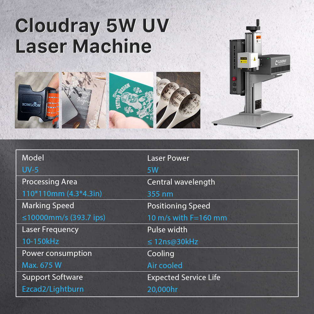 5W UV Laser Engraver Producr Paramter | Cloudray UV-5 5W UV Laser Marking Engraver