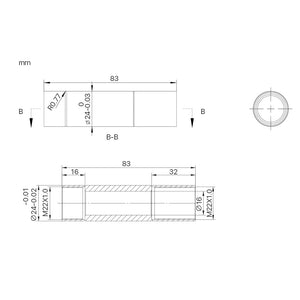 Cloudray C/E Series CO2 Laser Lens Tube Drawing with 83mm Length, 24mm Outer Diameter and M22x1 Thread