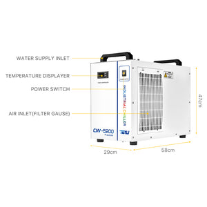 Cloudray CW-5200 Industrial Water Chiller Front Structure and 58 × 29 × 47 cm Dimensions