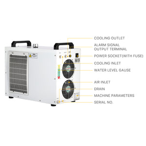Cloudray CW-5200 Laser Water Chiller Rear Panel with Cooling Inlet, Outlet, Alarm Output, Drain and Water Level Gauge
