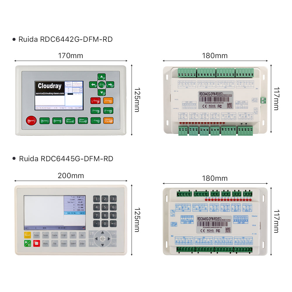 Cloudray Dimensions Guide for Ruida RDC6442G and RDC6445G Laser Controller Panels and Mainboards