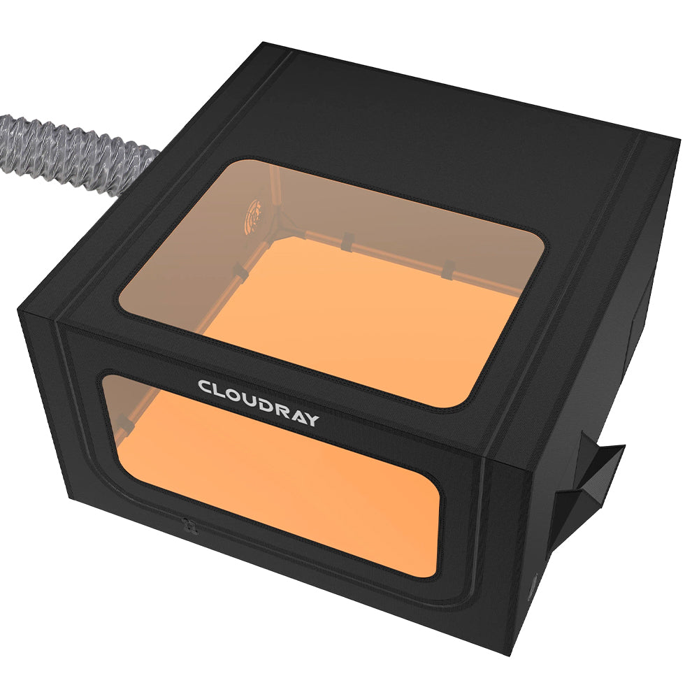 Details of Cloudray Laser Enclosure: Stainless Steel Frame, Dual Zippers, Side Tool Pocket, and Power Cord Interface