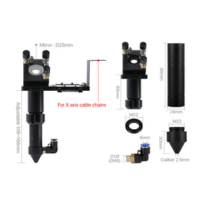 Cloudray CO2 Laser Head Dimensions: Adjustable 109-166mm Length with D25mm Mirror Support