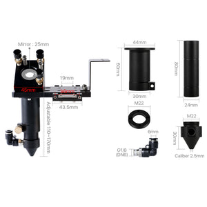 CO2 laser head dimensions showing 25mm mirror, adjustable height of 110–170mm, M22 lens tube and air assist nozzle
