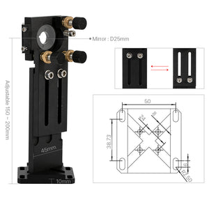 CO2 laser second mirror mount for 25mm mirror with 76mm overall height, adjustment knobs and slotted mounting base