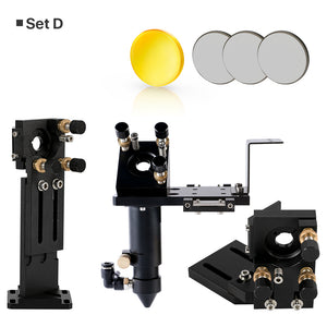 CO2 laser head Set D with laser head, first and second mirror mounts, one focusing lens and three silver-colored laser mirrors