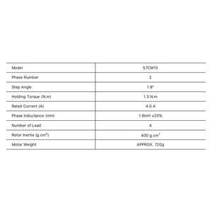 Technical specifications table for Cloudray Leadshine 57CM13 2-Phase Stepper Motor