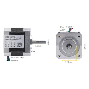Cloudray Stepper Motor Mechanical Drawing: 500mm UL 1007 AWG24 Lead Wire and M3 Mounting Holes