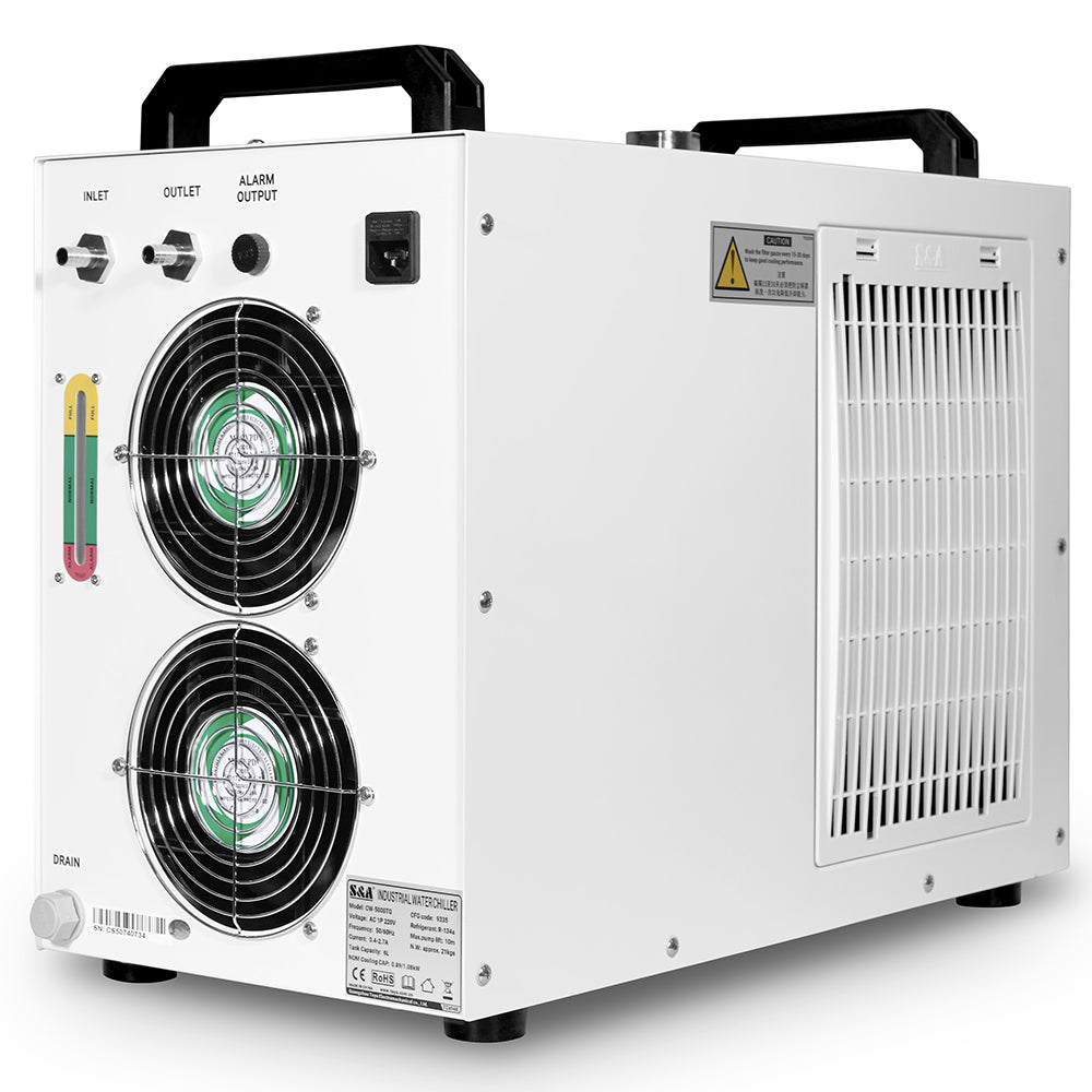 Cloudray S&A CW-5200 CO2 Laser Water Chiller Rear View with Dual Cooling Fans and Water Connections