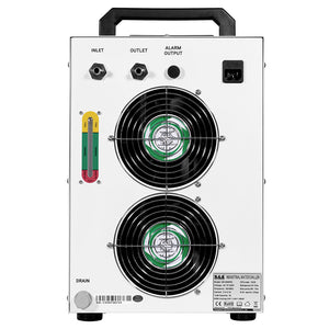 Cloudray S&A CW-5200 Industrial Water Chiller Rear Panel with Inlet, Outlet, Alarm Output and Water Level Gauge