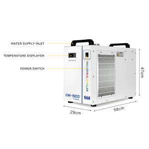 Cloudray S&A CW-5200 CO2 Laser Water Chiller Dimensions 58 × 29 × 47 cm with Front Controls