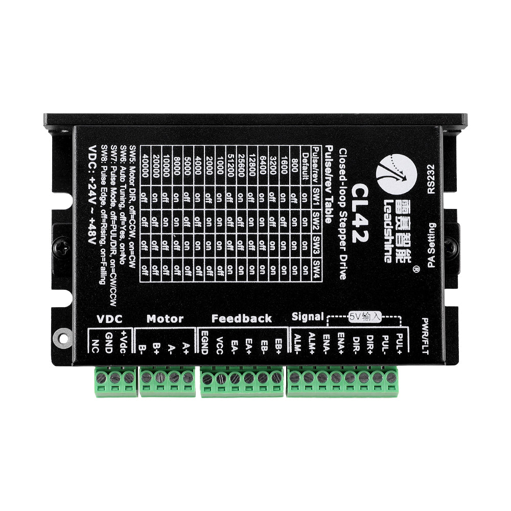 Leadshine CL42 Closed-Loop Stepper Drive Top View with Microstep and Function DIP Switch Settings Table