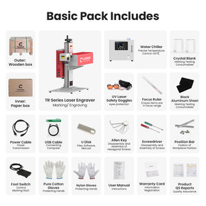 Cloudray TR Series laser engraver package contents with water chiller, safety goggles, crystal blanks, foot switch and tools