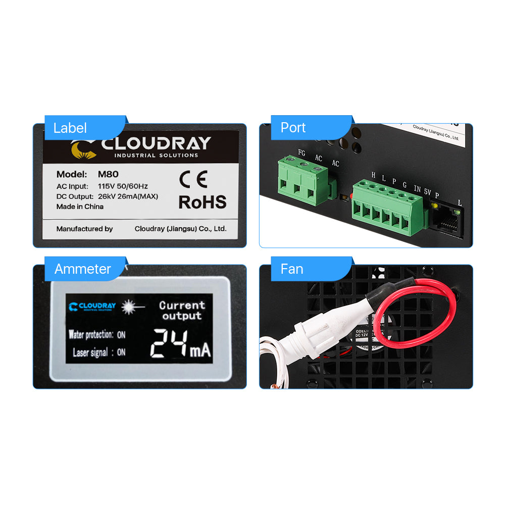 Pack Cloudray à vendre Tube laser CO2 à tête métallique 60 W + alimentation laser 80 W 115 V/230 V