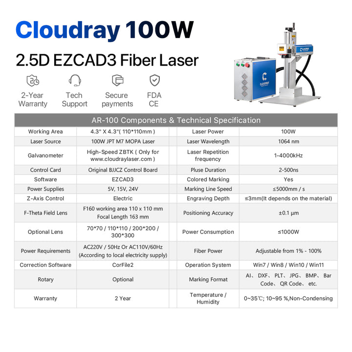 Cloudray AR-100 100W 2.5D Fiber Laser Engraving Marking Machine