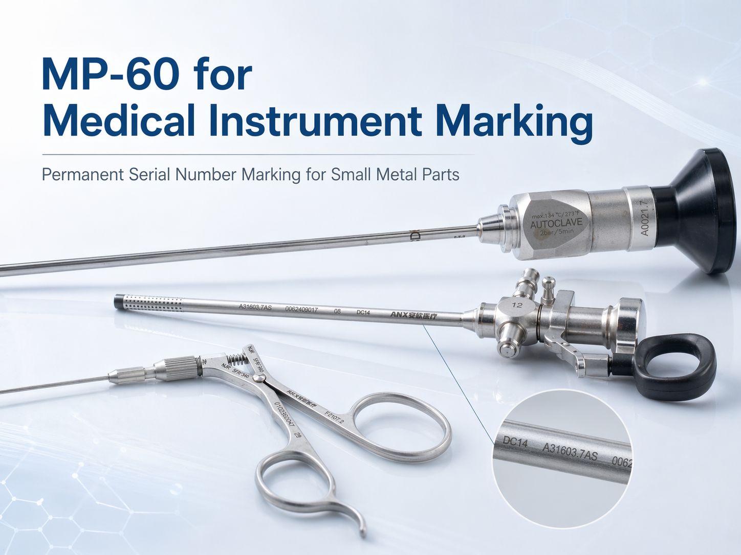 Cover image for a blog about Cloudray MP-60 medical instrument marking, showing laser-marked stainless steel medical instruments with permanent serial number marking for small metal parts