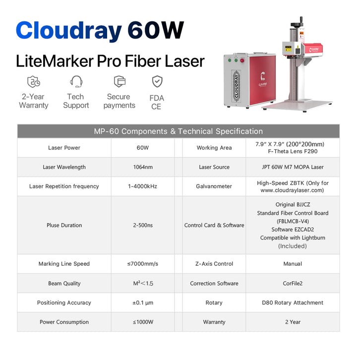 Area di scansione MP-60 Cloudray LiteMarker Pro 60W Split laser incisore fibra 7,9 "X 7,9" con D80 rotante