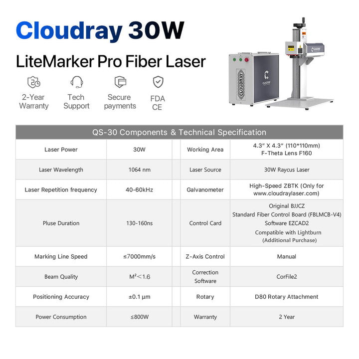 Cloudray QS-30 LiteMarker Pro 30 Вт Сплит-лазерный гравер Волоконно-маркировочная машина 4,3 дюйма X 4,3 дюйма Область сканирования с поворотным D80