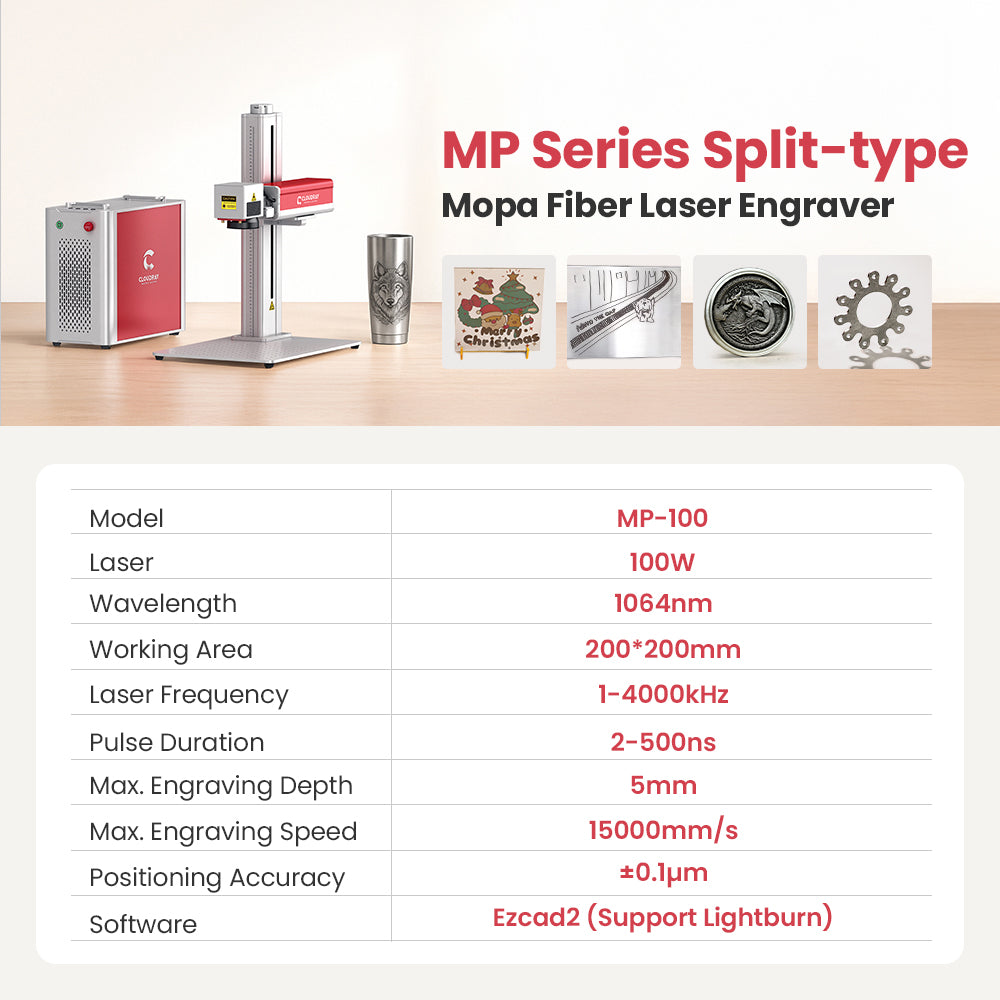 Cloudray MP Series Neo 100W MOPA fiber laser engraver specifications with 1064nm wavelength and LightBurn support
