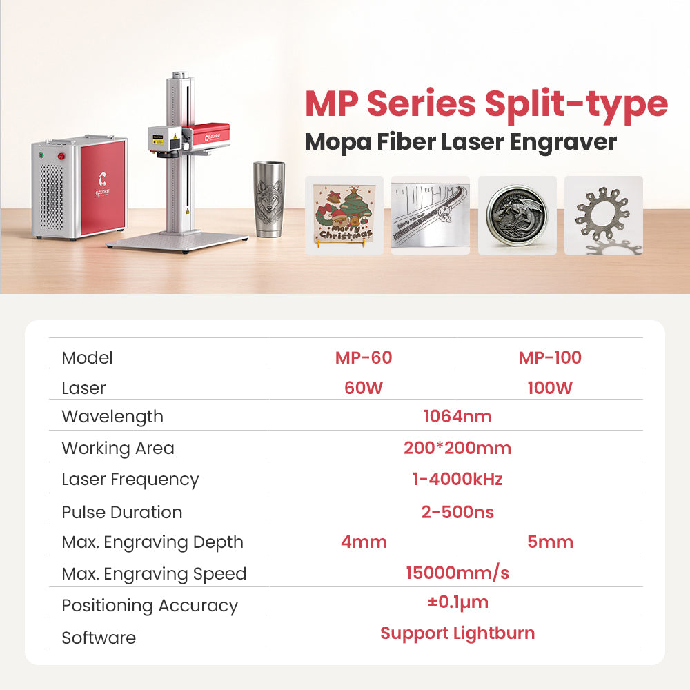Cloudray MP Series Neo 60W 100W Autofocus Mopa Fiber Laser Engraver with Electric Lifting Column &  D80 Rotary