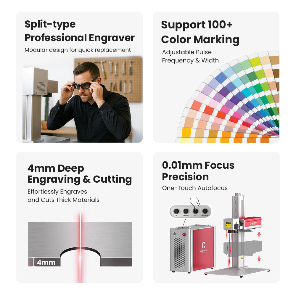Cloudray MP Series Neo MOPA fiber laser engraver features including 100 plus color marking, 4mm deep engraving and one-touch autofocus
