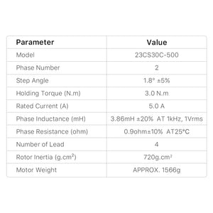Cloudray 2-Phase Nema23 Stepper Motor Specifications Table for Model 23CS30C-500
