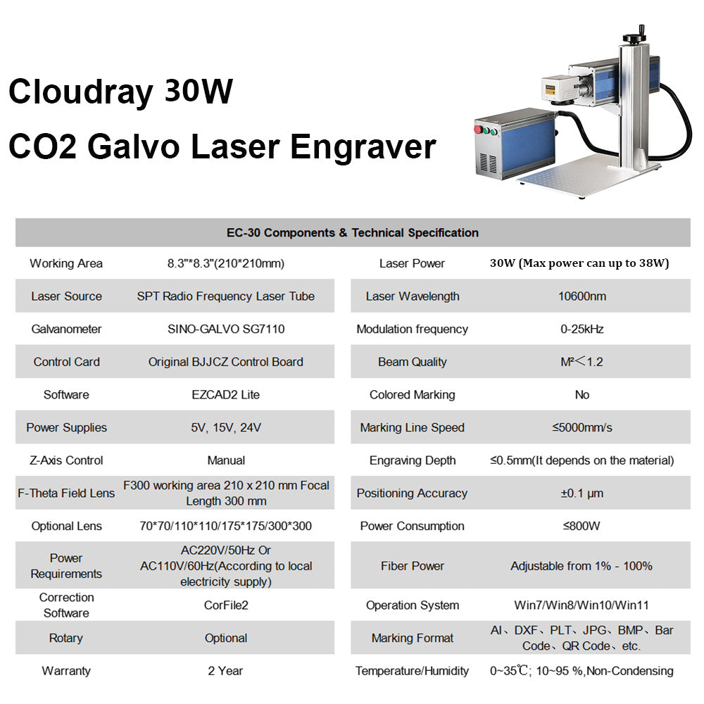Cloud ray EC-30 Lit eMarker 30W (Max bis 38W)Split-Laser graveur CO2-Lasermarkierung maschine mit 8,3 "X 8,3" Linse