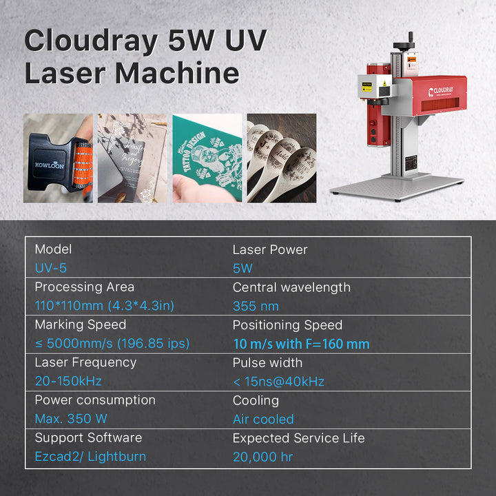 Cloudray UV-5 la máquina ULTRAVIOLETA de la marca del grabado del laser 5W con 4,3 "X 4,3" refrigeración por aire del área de la exploración