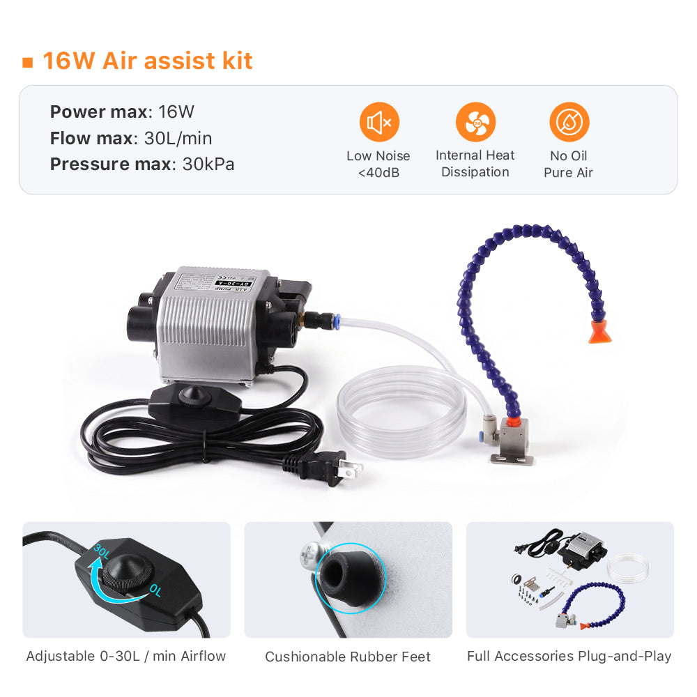 Cloudray 16W Laser Engraver Air Assist Features: Low Noise and Adjustable Airflow