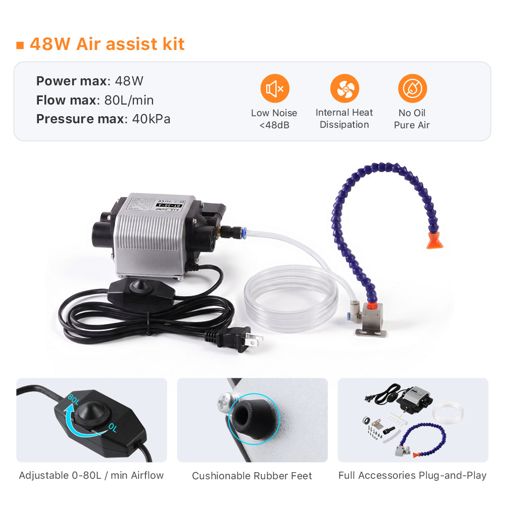 Cloudray 48W Laser Engraver Air Assist Features: Low Noise and Adjustable Airflow