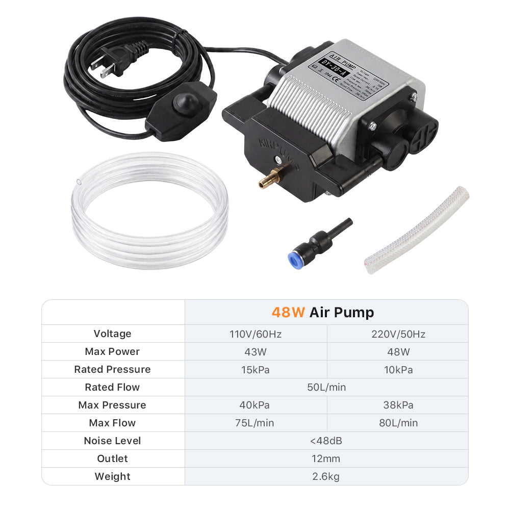 Cloudray 48W 30L/min Air Assist Pump Specification and Parameters for Laser Engravers
