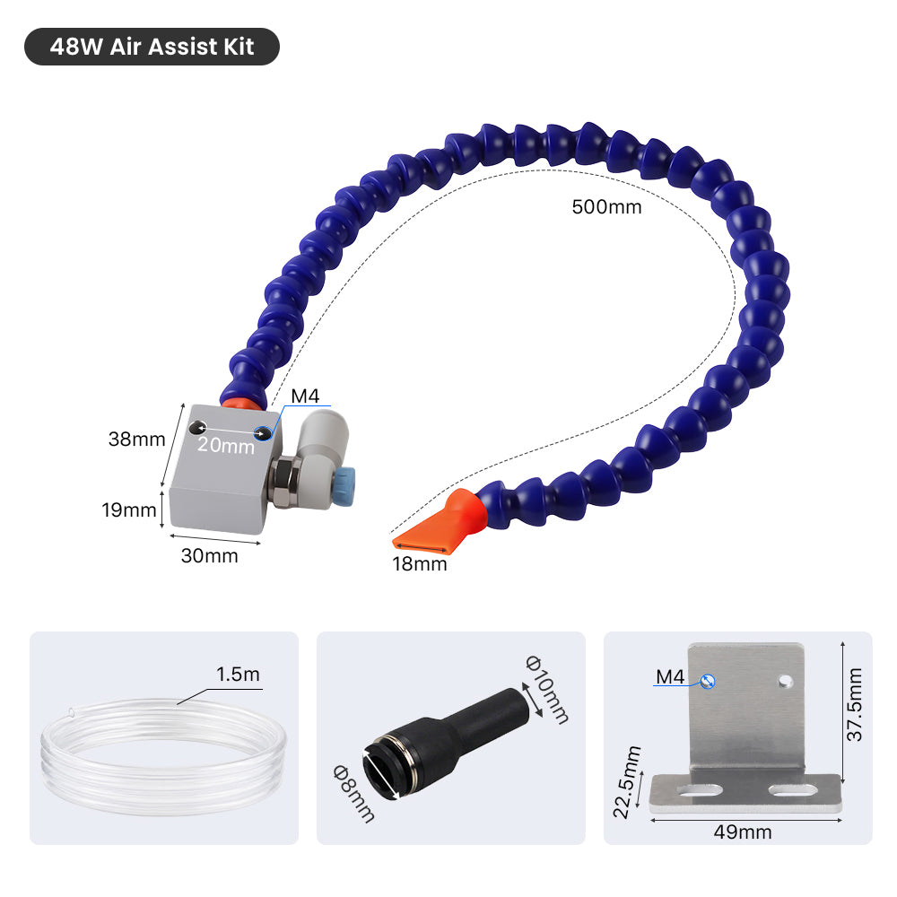 Cloudray 48W Flexible Air Hose and Accessories Dimensions for Laser Engravers