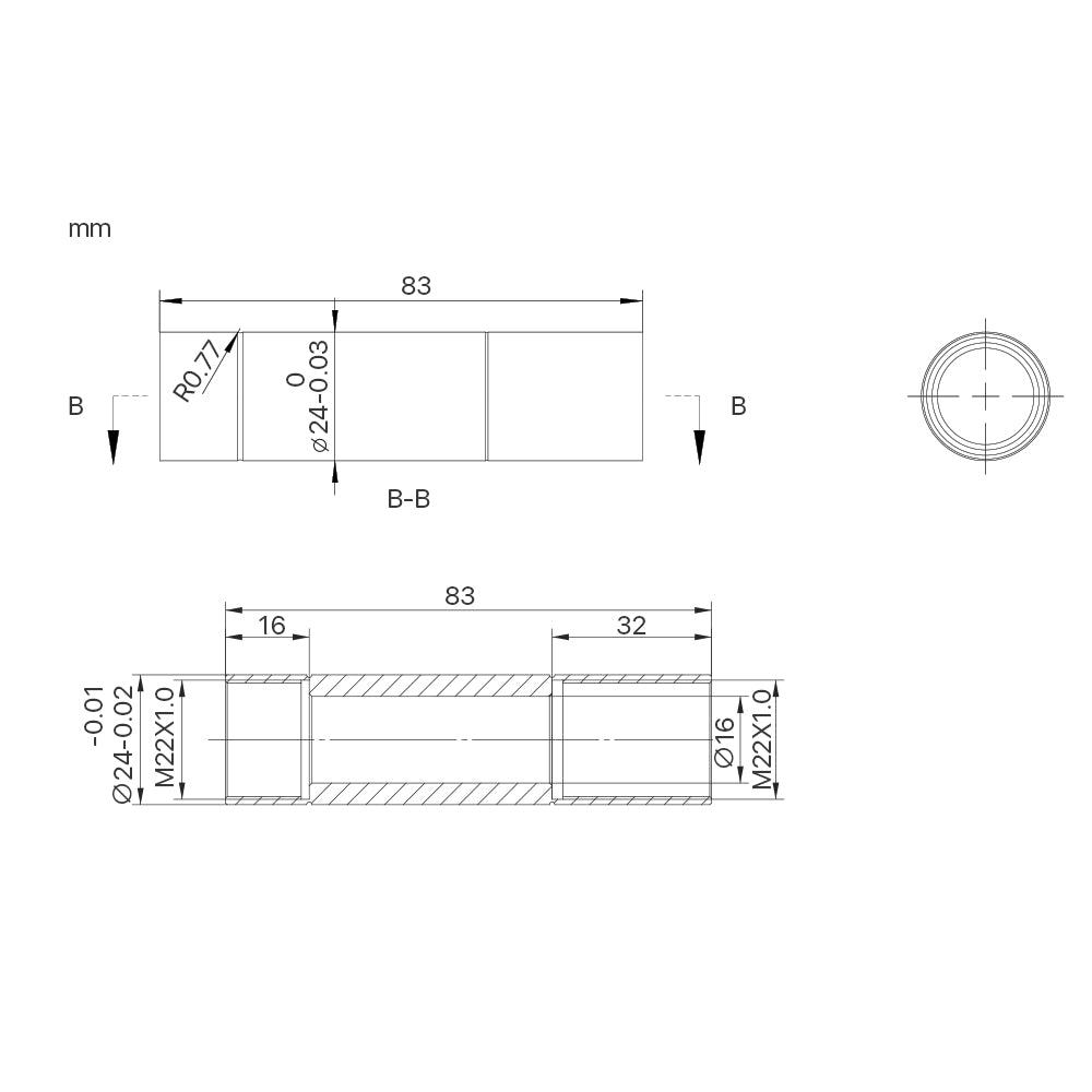 Cloudray C/E Series CO2 Laser Lens Tube Drawing with 83mm Length, 24mm Outer Diameter and M22x1 Thread