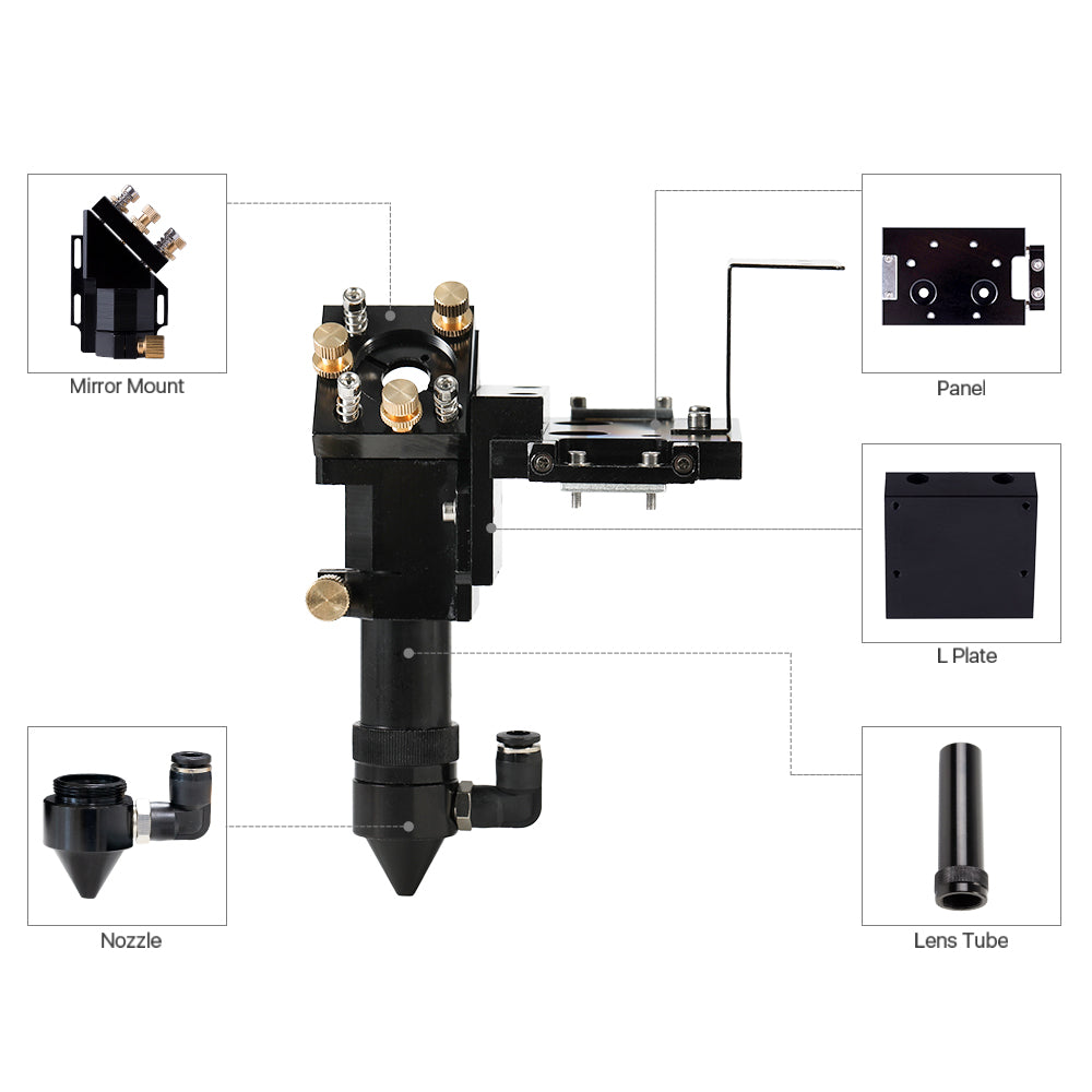 Cloudray CO2 Laser Head Structure with Mirror Mount, Panel, L Plate, Nozzle and Lens Tube