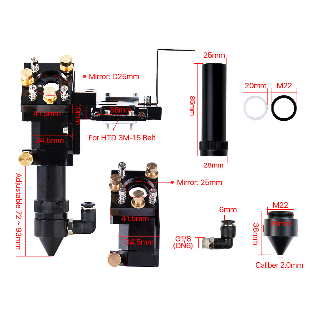 Cloudray CO2 Laser Head Dimensions with 25mm Mirror Mount, M22 Nozzle and 20mm Lens Holder