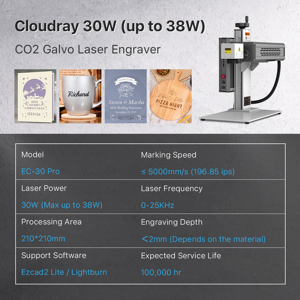 Cloudray EC-30 LiteMarker Pro 30W (Max jusqu'à 38W) Laser Graveur CO2 Laser Machine de Marquage Avec 8.3 "X 8.3" Zone de Travail