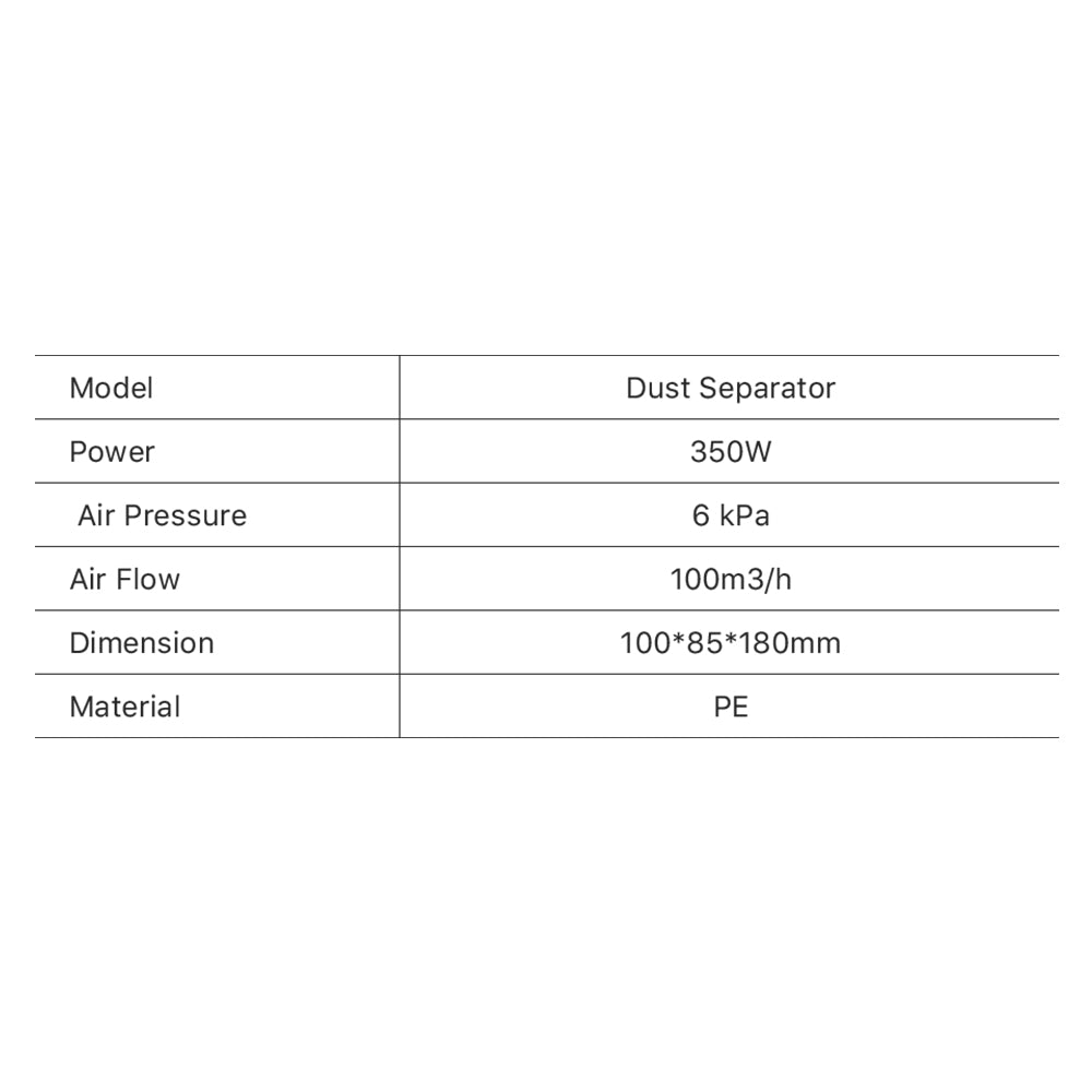 Cloudray Dust Separator Technical Specifications Table: 350W Power, 6kPa Pressure, and 100m³/h Air Flow