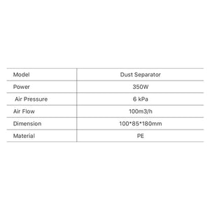 Cloudray Dust Separator Technical Specifications Table: 350W Power, 6kPa Pressure, and 100m³/h Air Flow
