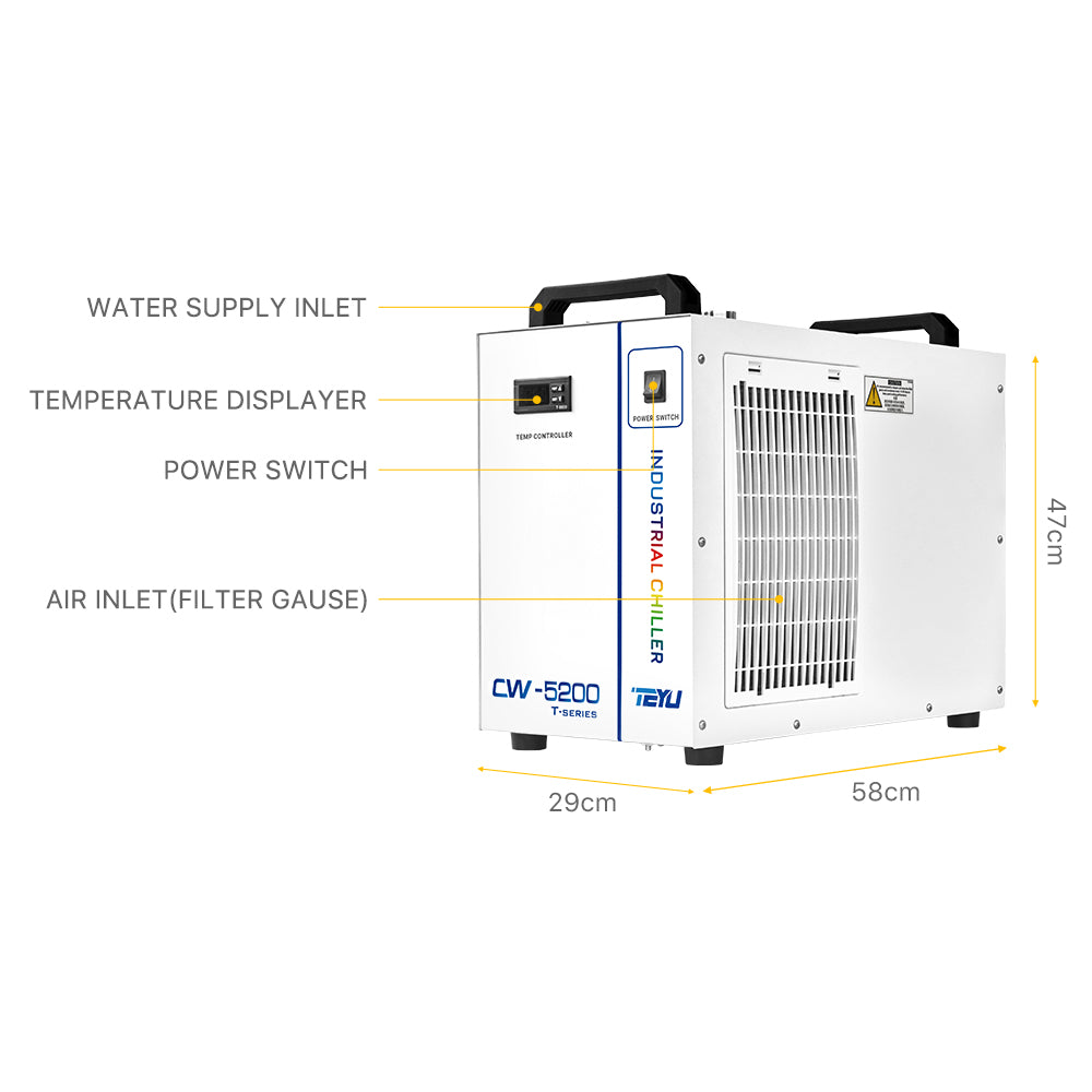 Cloudray CW-5200 Industrial Water Chiller Front Structure and 58 × 29 × 47 cm Dimensions