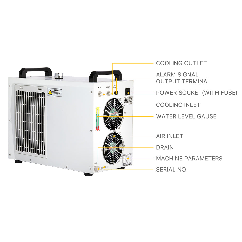 Cloudray CW-5200 Laser Water Chiller Rear Panel with Cooling Inlet, Outlet, Alarm Output, Drain and Water Level Gauge