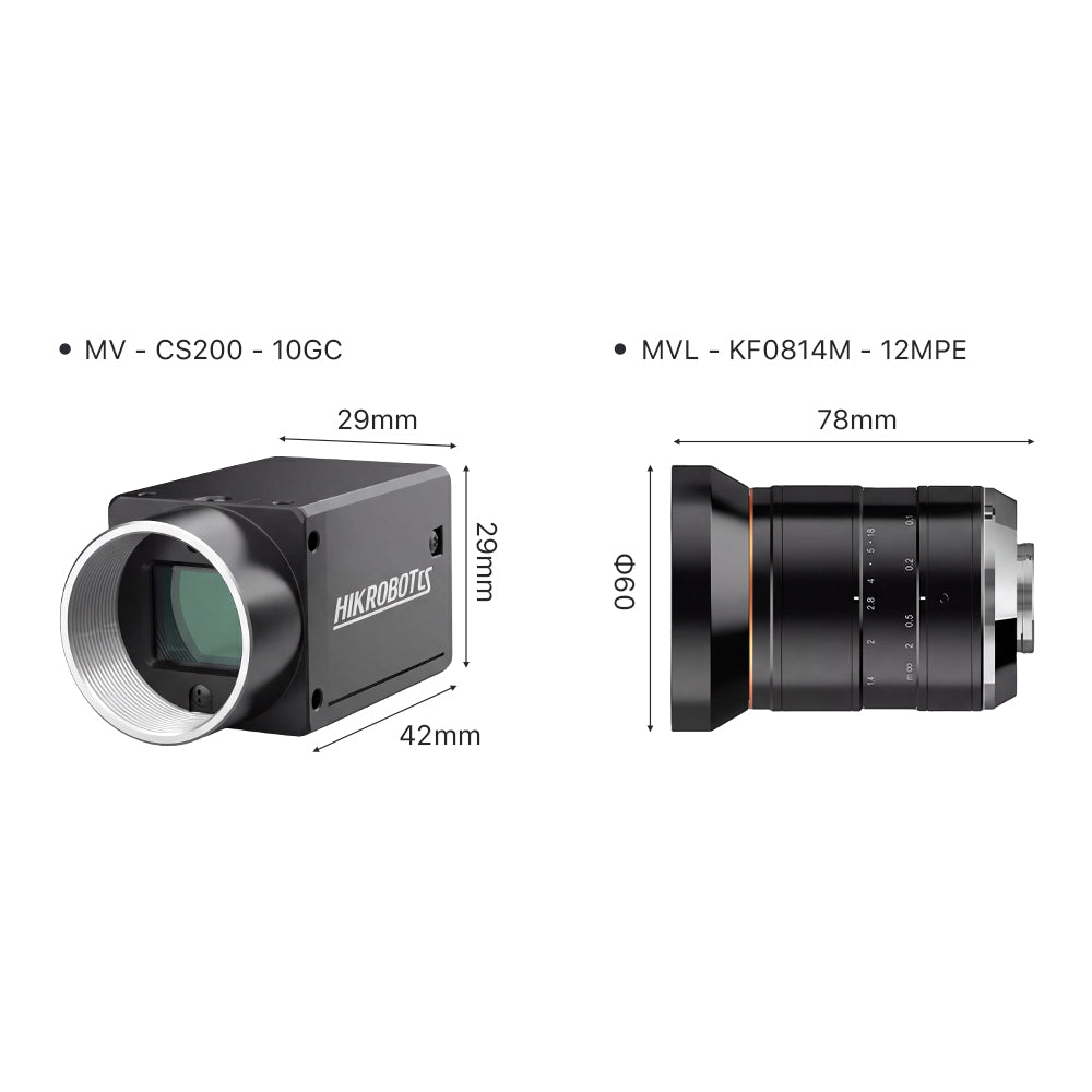 Cloudray Physical Dimensions of MV-CS200-10GC Industrial Area Scan Camera and MVL-KF0814M-12MPE Lens
