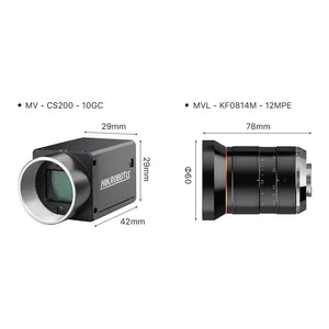 Cloudray Physical Dimensions of MV-CS200-10GC Industrial Area Scan Camera and MVL-KF0814M-12MPE Lens