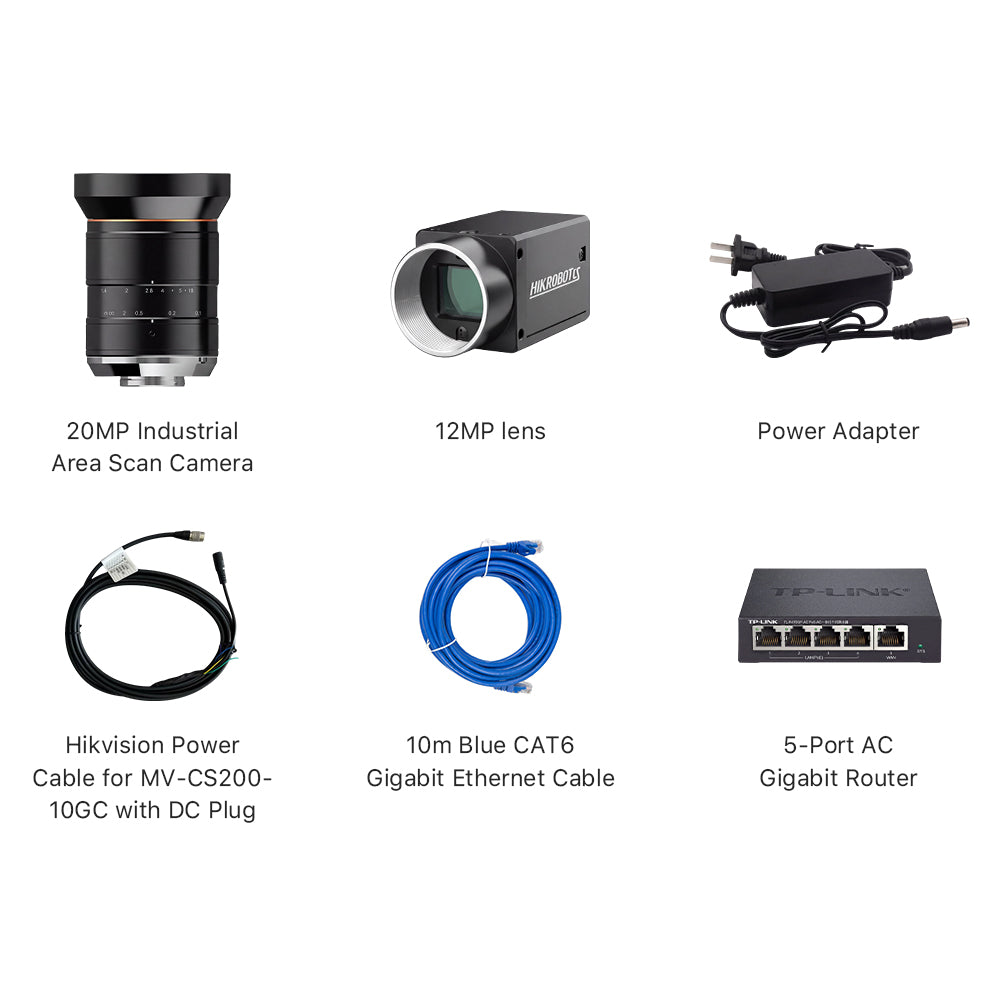 Cloudray Packing List Part 2: 20MP Camera, 12MP Lens, Power Adapter, and 5-Port Gigabit Router