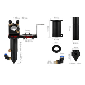 Cloudray Laser Head V2.1 Dimensions: Adjustable 110-170mm Height and M22 Thread Nozzle Details
