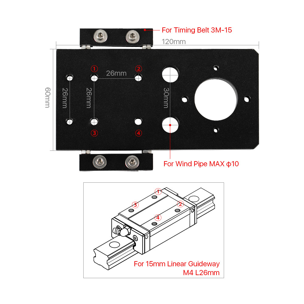 Cloudray Laser Head Carriage Mounting Plate for 15mm Linear Guideway and 3M-15 Timing Belt