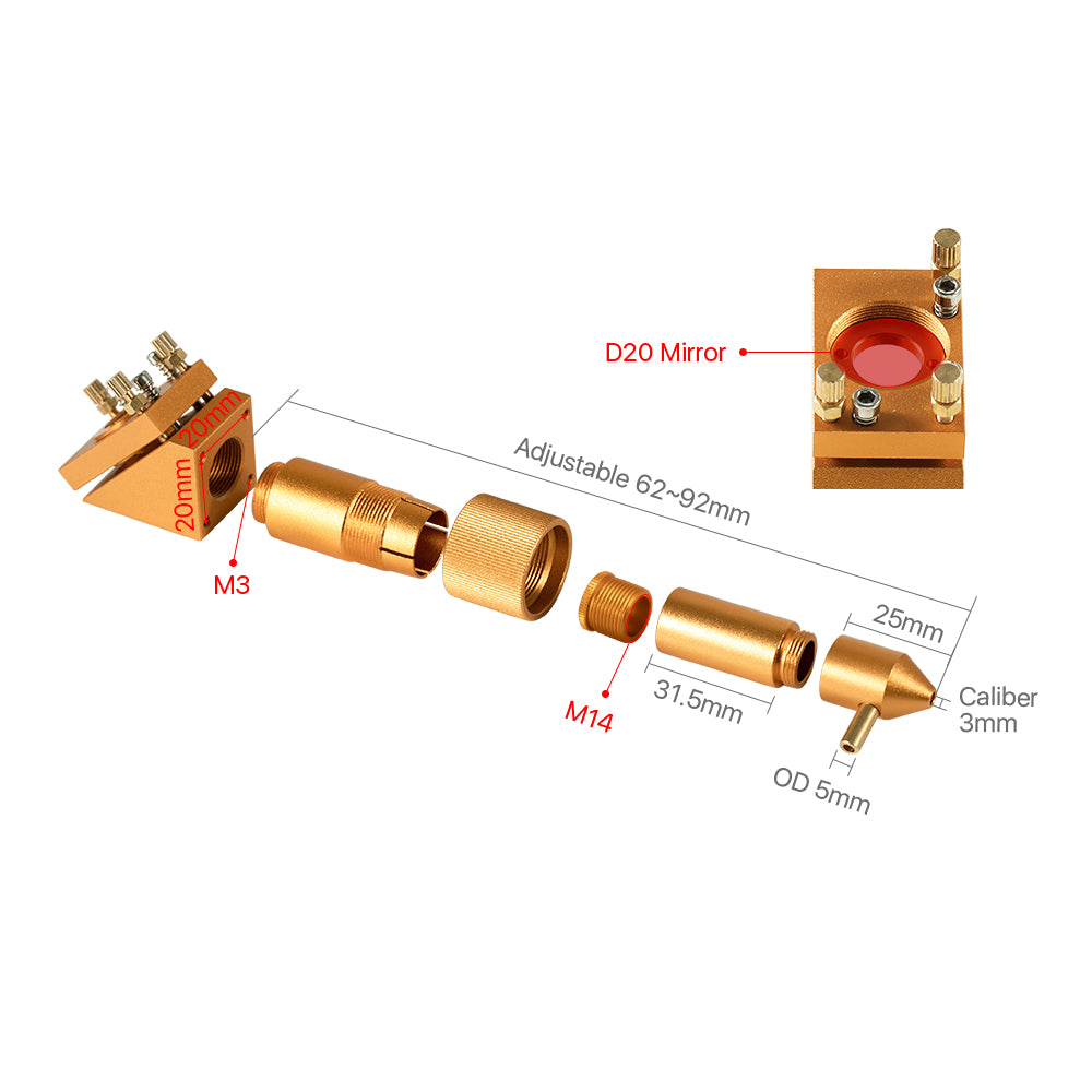 Cloudray Laser Head A V2.0 Adjustable Lens Tube Structure and Dimensions