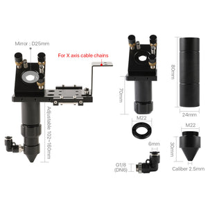 Cloudray C Series V2.1 CO2 Laser Head Dimensions with D25mm Mirror Mount and M22 Lens Tube